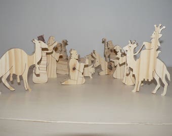 Set of 13 subjects of the Nativity scene cut pine