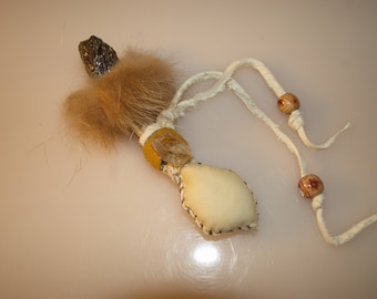 Shamanic Journeying Rattle with Antler, Amber, Quartz, and Fox Fur