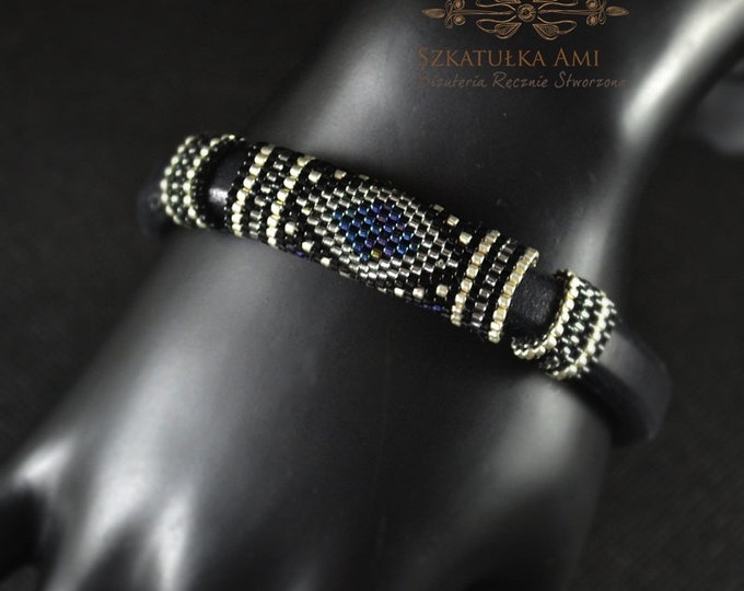 Dark blue Men braided bracelet strap bracelet for men black bracelet men's leather bracelet gift for him male model seed beads bracelets