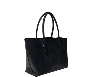 Black large leather bag shopping bag tote bag shopper used look handmade