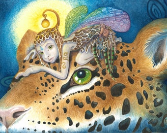 Jaguar Journey, Watercolor Giclee Canvas prints, fairy pixie fantasy art steampunk night feline mystical surrealism