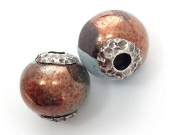 2 ceramic beads, Raku, 15mm, copper, light blue, with CAP, ceramic beads, Raku beads, beads, large hole copper greek beads, 15mm beads