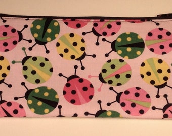 Handmade cotton pencil case / makeup bag - pink ladybirds