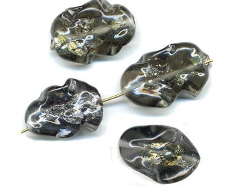 Vintage Foil Beads 20mm - 22mm Gray Glass Ruffled Edges Gilt Centers 4 Pcs.