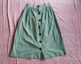 Vintage 1950s Novelty Print Cotton A-Line Skirt - 50s Cotton Button Front Skirt - Novelty Print Fabric