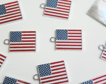 10 USA American Flag enamel charms silver finish 22x15mm DB14968