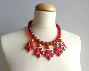 Red flowers statement necklace bib necklace large necklace chunky necklace