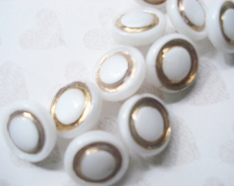 Vintage Czech Glass Buttons - Fancy White Glass Buttons - 11 Vintage White and Gold Glass Buttons - White Dimi Glass Buttons
