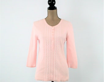 Light Pink Sweater Women Medium Spring Sweater Pastel Cotton Sweater 3/4 Sleeve Knit Top Pink Vintage Clothing Womens Clothing