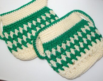 Vintage Pair Crochet Potholders, Hotpad, Green and White, Cream and Sugar Shape, Retro Kitchen Decor, Pot Holder
