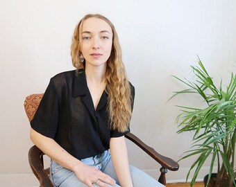 Slouchy Sheer Black Short Sleeve Blouse/Minimal Black Blouse