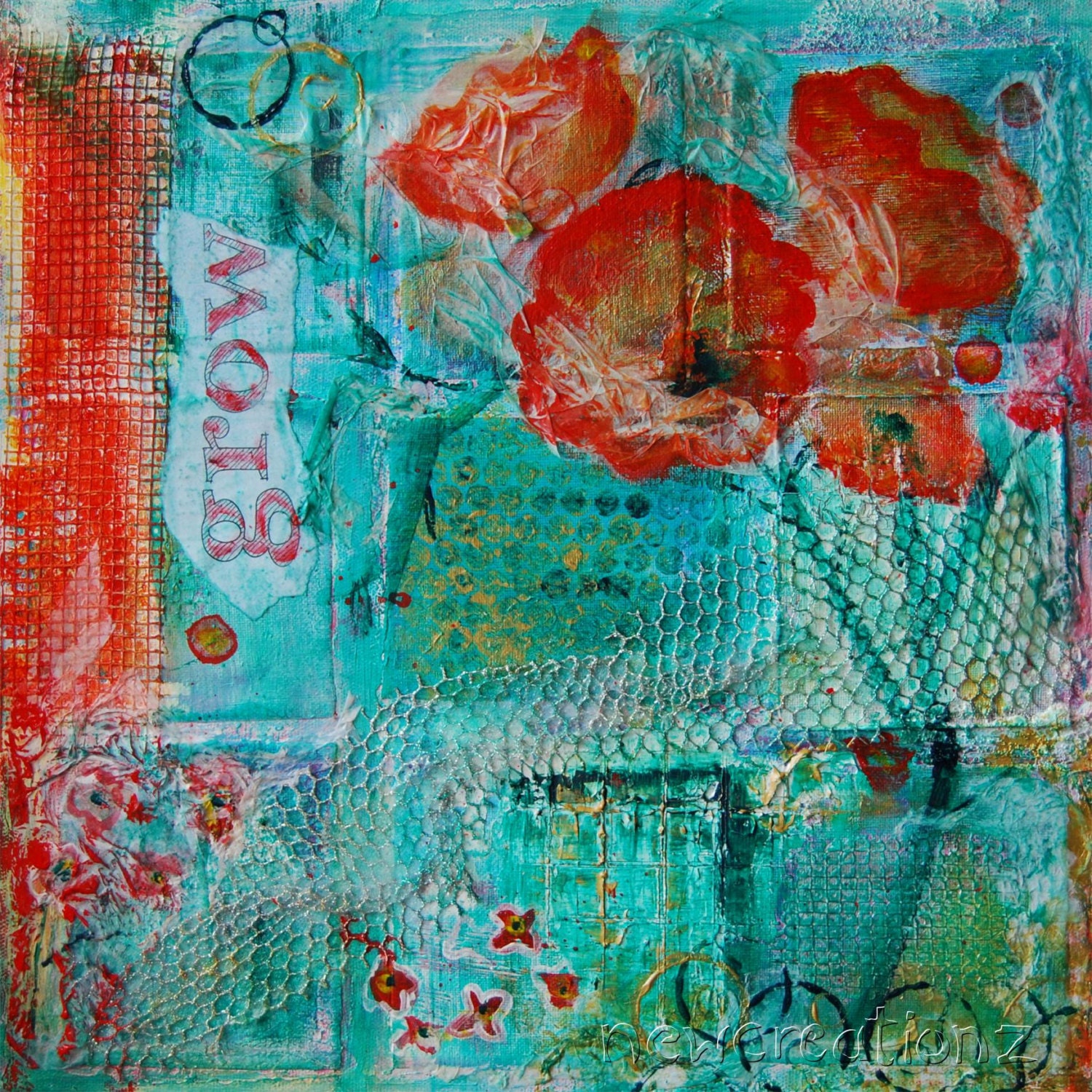 Contemporary fine art mixed media painting print flower word