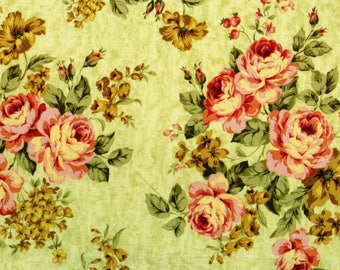 Tissu coton Patchwork Bouquets de roses classiques sur fond vert pale