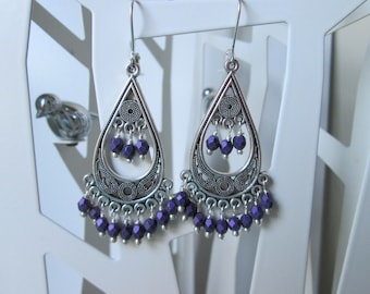 Beautiful silver and faceted purple bead chandelier earrings