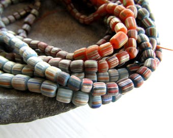 striped glass seed beads, 4 tones multicolored , matte ethnic tube barrel, New Indo-pacific 3 to 6mm (21 inches strd) 7AB21-1
