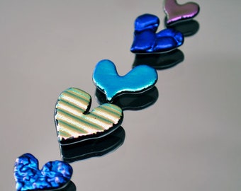 5 Glass Heart Tiles, Dichroic Tiles, Shiny Glass Tiles, Small Glass Hearts, Pink, Blue, Green, Blue Purple & Pink Green Tiles,