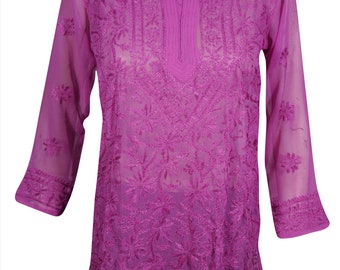 INDIAN Ethnic Georgette Tunic Purple Floral Embroidered Summer Fashion Hippie Chic Blouse Top S