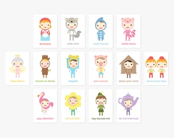 Happy Manners Card Set A of 14 - Good Manners Learning & Educational Flash Cards // Kids Wall Art Children Room Decor