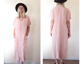 Vintage 90s Pink 100% Summer Linen Midi Shirt Dress