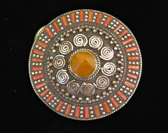 Circle Belt Buckle - Inlaid Coral & Amber Stones in Tibetan Silver 7973