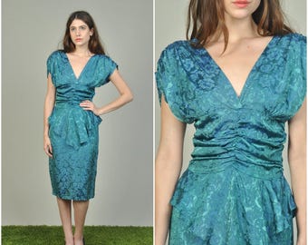 1980s does 1940s Teal peplum dress | vintage 1980s dress | teal 80s does 40s dress
