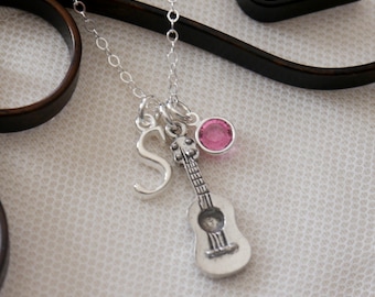 Guitar Necklace, Guitar Player Necklace, Personalized Guitar Necklace, Letter Birthstone necklace, Music Necklace, Guitarist Necklace, CLCB