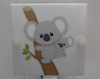 Koala Mom and Baby Night Light Hanging from a Tree Gray and Brown 4" Square Hand Made with LED Bulb Free Shipping