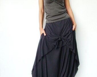 NO.86 Black Cotton-Blend Jersey Cool Unique Asymmetric Casual Loose Novelty Harem Pants, Trendy Unusual Trousers