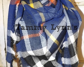 NEW! Royal Blue, Black, Mustard Plaid Triangle Blanket Scarf Women's Fall Winter Accessories