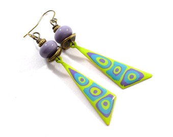 Handmade Earrings, Paint and Resin Earrings, Purple and Green Dagger Earrings, Boho Earrings, Brass Earring, Artisan Earring, AE181