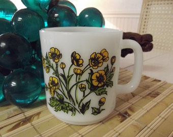 Vintage Glasbake milk glass mug - coffee or tea cup - Buttercup design - 70's coffee mug