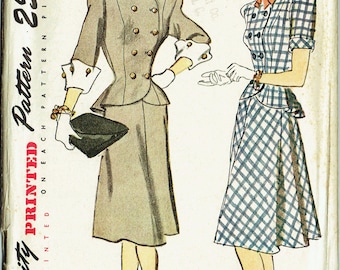 Vintage Sewing Pattern 1940s Ladies' Two Piece Dress Simplicity 1866 Size 34" Bust - Free Pattern Grading E-book Included