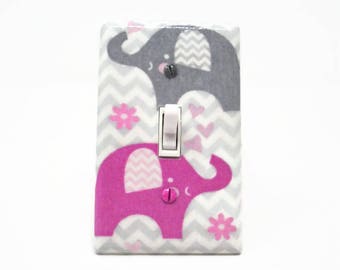 Elephant Light Switch Cover - Pink Gray Switch Plate - Grey Chevron Nursery Decor - Elephant Girls Room - Elephant Nursery Switch Plate