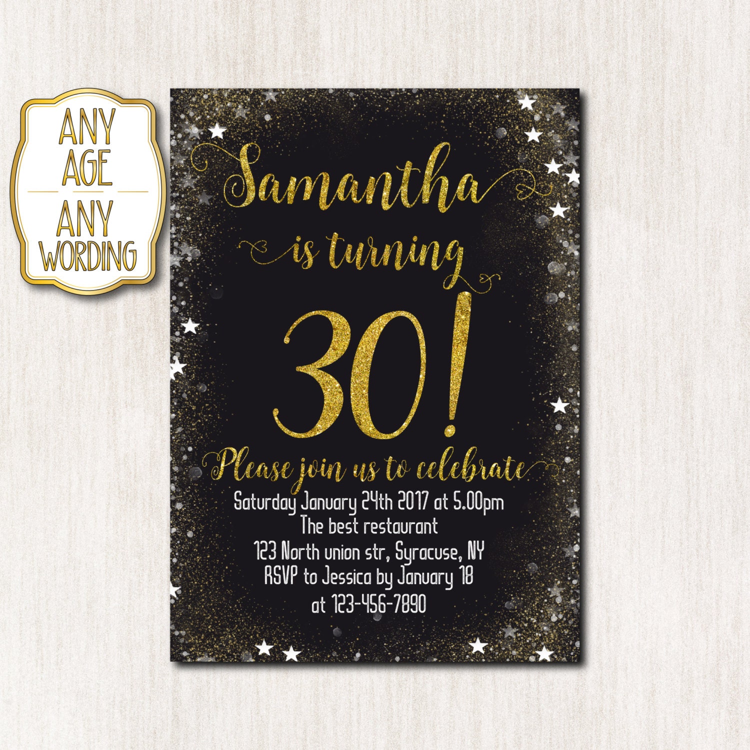 30th birthday invitations Woman birthday invitation Gold