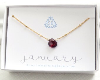 January Birthday Gift • Genuine Garnet Necklace • Dotted Satellite Chain • Garnet Birthstone • Red Faceted Teardrop • Deep Red Gemstone