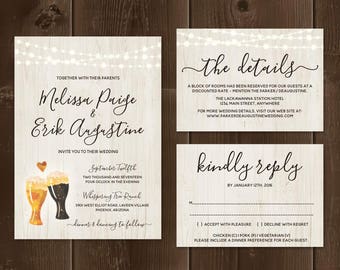 Brewery Wedding Invitation Template - Rustic Beer Pint Glass Toast on Wood Printable Set - Instant Download PDF Suite - String Lights