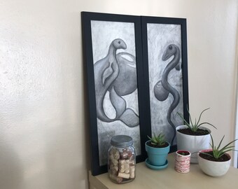 Sea Monsters Set - Charcoal and Conte Illustrations of Fantasy Creatures