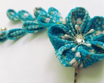 Pink Blue Teal Cherry Blossom Kanzashi Flower Hair Clip