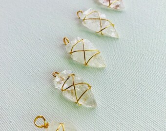 Crystal Quartz Arrowhead Pendant Wire Wrapped Gold Plated Necklace