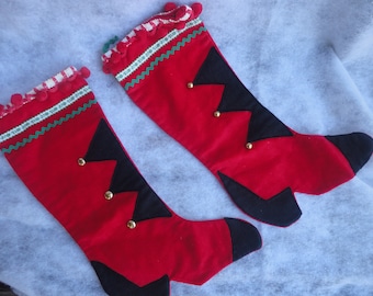 Vintage Handmade Victorian Boot Christmas Stockings with Ric Rac, Ric Rac Christmas Stockings, Christmas, His Her Christmas Stockings, Boots