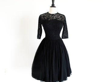 Vintage 50s Black Chiffon and Lace Dress, Grace Kelly Semi Formal, Free shipping