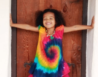 Tie Dye Rainbow Swirl Puff Sleeve Toddler Dress