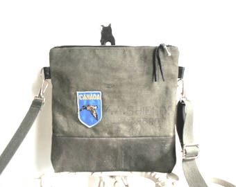 Military waxed canvas crossbody, iPad flat bag - vintage Canada souvenir patch - eco vintage fabrics