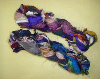 Two Skeins Recycled Sari Silk Ribbon Yarn - handmade in India upcycled saree silk yarn, no. 4