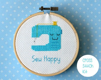 Sewing machine cross stitch kit: "Sew Happy" - cute kawaii turquoise sewing machine - embroidery kit, diy kit, cross stitch kit beginner