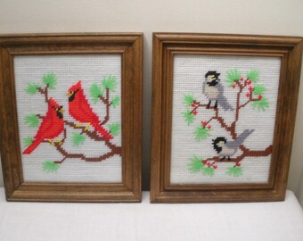 Vintage Needlepoint Bird Pictures - Cardinal & Chickadee