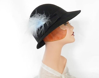 Black fedora hat, woman's vintage 1960s hat, blue feathers
