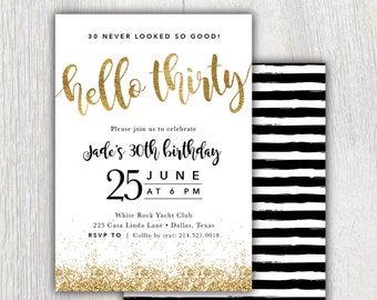 Printable Hello Thirty 30th birthday invitation - Gold glitter - Black stripes - Dirty Thirty - Flirty and thirty - 30th birthday party