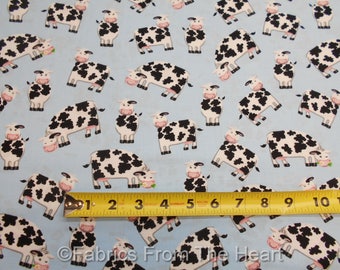 Farm Life Cows MOO w Black Spots on Blue BY YARDS Henry Glass Cotton Fabric