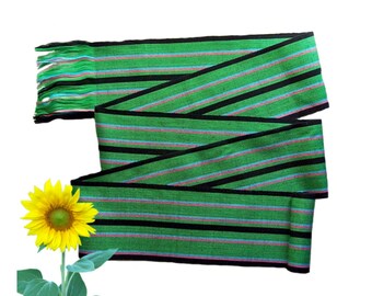 Striped Kelly Green Sash, SA06 - Fabric Sash Belt - Guatemalan Textiles - Ethnic Sash - Gypsy Clothing - Bohemian Belt - Woven Sash